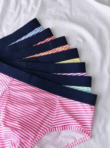7pcs/Pack Milk Silk Stripe Casual Briefs With Waistband, Underwear For Teens