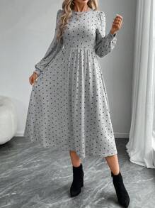 EMERY ROSE Women's Round Neck All-Over Print Casual Mid-Length Dress Long Sleeve Dress Dresses For Women Elegant
