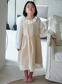 DAZY 2pcs/Set Young Girl Girls Round Neck Long Sleeve Woven Shirt + Jumper Dress, Spring/Summer - Beige - View 9