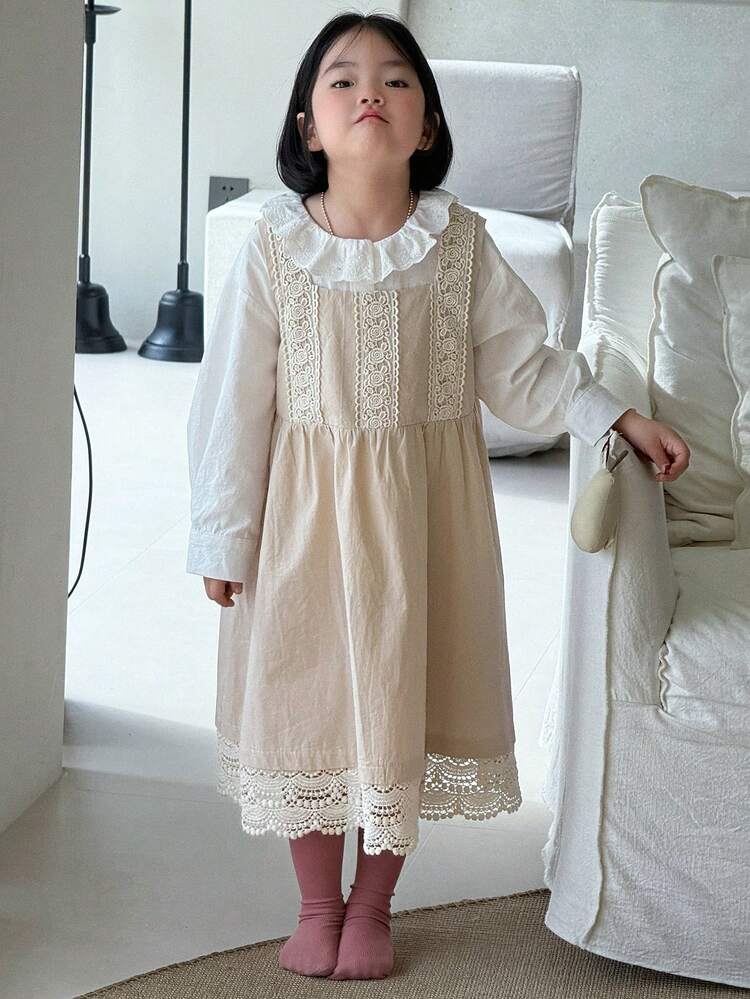 2pcs/Set Young Girl Girls Round Neck Long Sleeve Woven Shirt + Jumper Dress, Spring/Summer