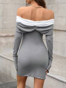 INAWLY Vestido corto minimalista y casual de mujer con mangas largas de hombros descubiertos y fruncido de bloques de color - Gris - Ver 2