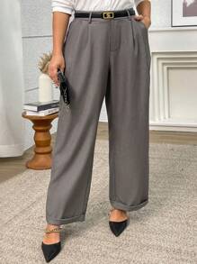 Flirla Quần ống rộng xếp ly màu trơn cỡ lớn cho nữ thường ngày - Xám - Xem 4