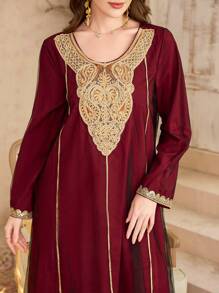 Al Najma 女士春夏网眼撞色金色蕾丝领开衫和阿拉伯传统长裙 - 紅色 - 查看 5