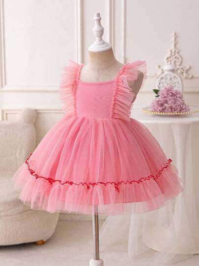 Glamorique Kids 圣诞节女婴派对礼服，新年礼服，针织盖袖女婴西瓜粉色薄纱泡泡纱舞会礼服，适合生日、舞台表演、中东日常穿着