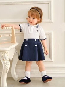 SHEIN Set de 2 piezas Conjunto casual de verano para niña con blusa de cuello polo con botones y mangas con volantes, y falda plisada - Azul y blanco - Ver 5