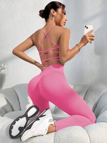 Easithlete Women's Solid Color Open Back Camisole And 7/8 Pants Sports Suit Workout Women Set - Pink - View 1