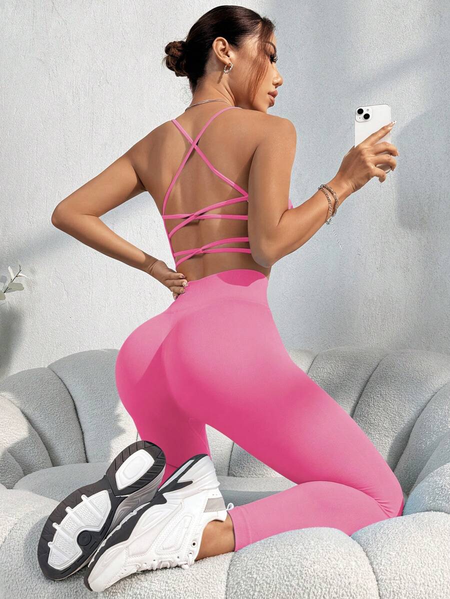 Easithlete Women's Solid Color Open Back Camisole And 7/8 Pants Sports Suit Workout Women Set - Pink - View 1