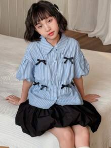 Dazy Kids Tween Girl Striped Bowknot Contrast Color Short Sleeve Fashionable Shirt, Summer,Back To School Clothes - Blue - View 6