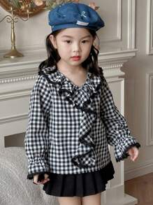 DAZY 年轻女孩格子长袖荷叶边下摆简约时尚休闲日常衬衫 - 黑與白 - 查看 2