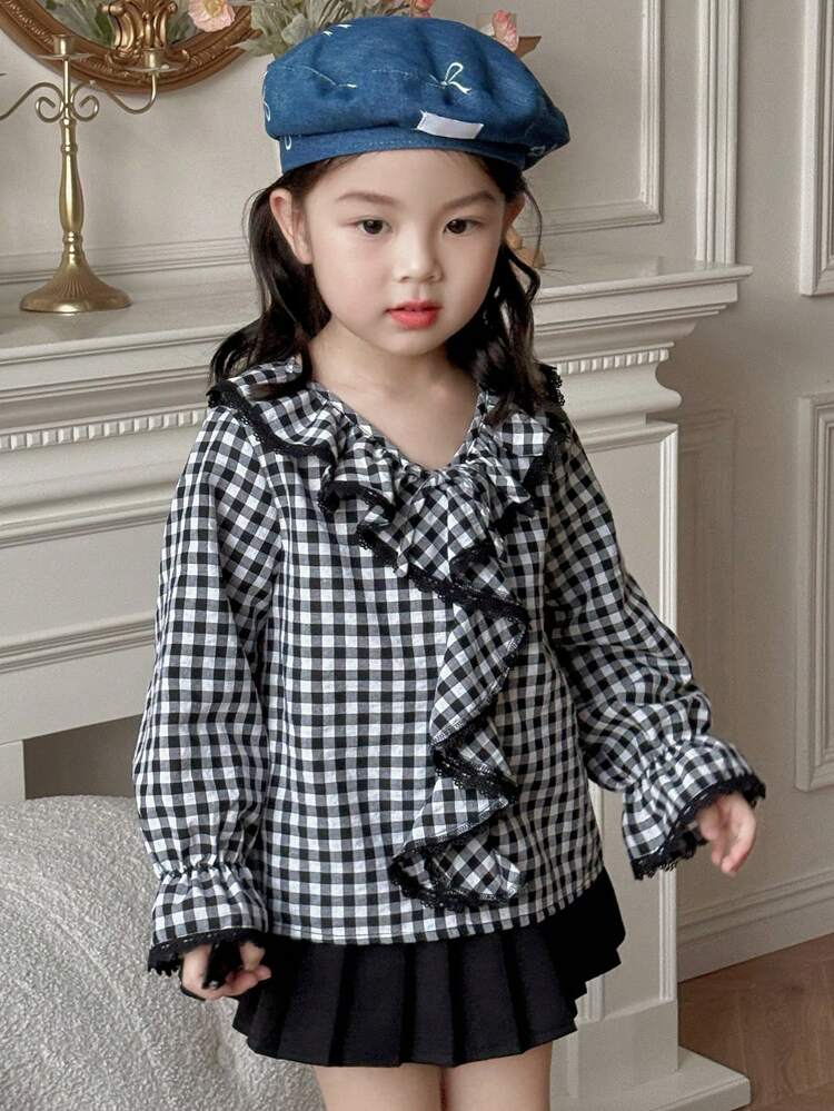 Young Girl Plaid Long Sleeve Ruffle Hem Simple Fashion Casual Everyday Blouse