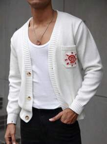 Manfinity CasualKnits Men's Front Button Up Long Sleeve Shirt With Pocket Detail, Minimalist Design - White - View 1