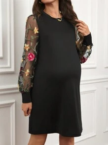 SHEIN 孕妇圆领长袖花卉刺绣迷你连衣裙 - 黑色 - 查看 4