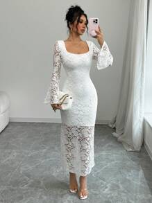 Rafferiza Women Long Lace Bell Sleeve Dress Fall Cloth For Women - White - View 1