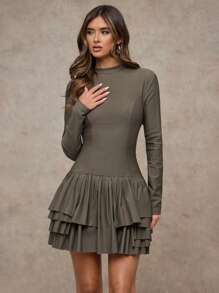 SHEIN BAE 女士短款褶领长袖纯色简约连衣裙 - 卡其色 - 查看 5