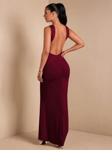 SHEIN BAE 杏色性感简约优雅露背无袖女士连衣裙，适合鸡尾酒会、浪漫约会、秋冬分层穿着、聚会、派对、正式活动、婚礼、万圣节、圣诞节 - 酒紅色 - 查看 7