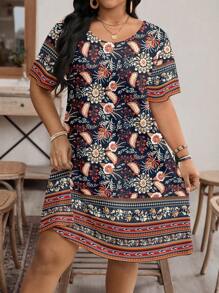 EMERY ROSE Casual Vintage Floral Pattern Loose Round Neck Short Sleeve Plus Size Dress, Suitable For Summer,Beach Dress Sundress,Holiday Outfits Boho Suitable For Going Out Chic Dress,Flower/Vacation/Spring - Black - View 2