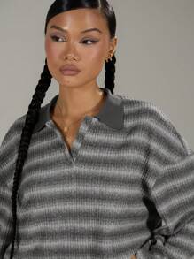 MUSERA Collared Striped Knit Sweater Spring Casual Y2k 90's Stripe Oversized Airport Festival Fall Back To School - Grey - View 5