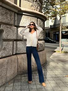 SHEIN LUNE Women's Floral 3D Collar Ribbed Edge White Sweater, Cute Knitted Pullover Fall Winter - Beige - View 3