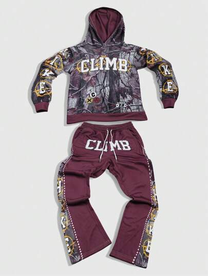 Grunge Punk Men Letter Print Minimalist Hoodie And Sweatpants 2pcs Set