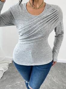 SHEIN Unity Crew Neck Pleated Solid Color Elastic Fitted Elegant T-Shirt