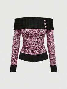 ROMWE Kawaii Gyaru 性感情人节豹纹露肩针织拼布豹纹可爱纽扣黑色和粉色长袖女式衬衫