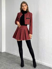 SHEIN Privé 女士 2 件套：格子圆领长袖单排扣夹克和褶皱迷你裙，优雅秋冬 - 酒紅色 - 查看 5