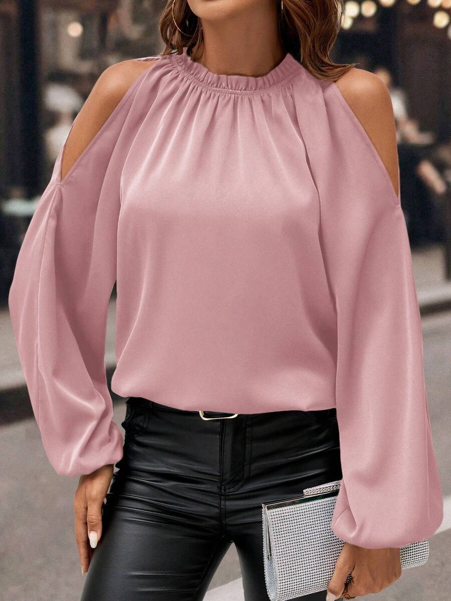 SHEIN Clasi Blusa Elegante e Romântica Preta com Ombros Abertos para Mulheres, Manga Longa com Detalhe de Babado Verde, para Uso Social e Diário - Rosa chiclete - Visão 1