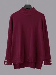 SHEIN LUNE Plus Size Women's Round Neck Button Decor Pullover & Wide Leg Pants 2 Pieces Set, Casual Loose Autumn/Winter Knit Suit - Burgundy - View 4