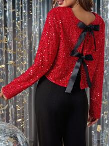 Ellevyn Lace-Up Two-Way Wear Sequin Christmas Jacket, Elegant For Party In Autumn/Winter - Red - View 9