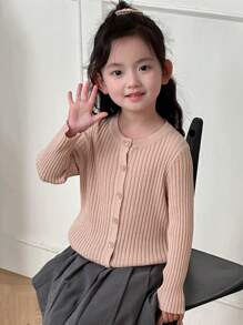 DAZY Girls' Round Neck Solid Ribbed Long Sleeve Cardigan, Spring - Pink - View 5