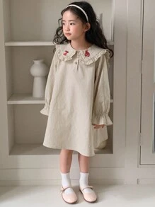DAZY Young Girl Doll Face Animal Embroidery Striped Long Sleeve Woven Dress, Spring/Summer - Beige - View 1