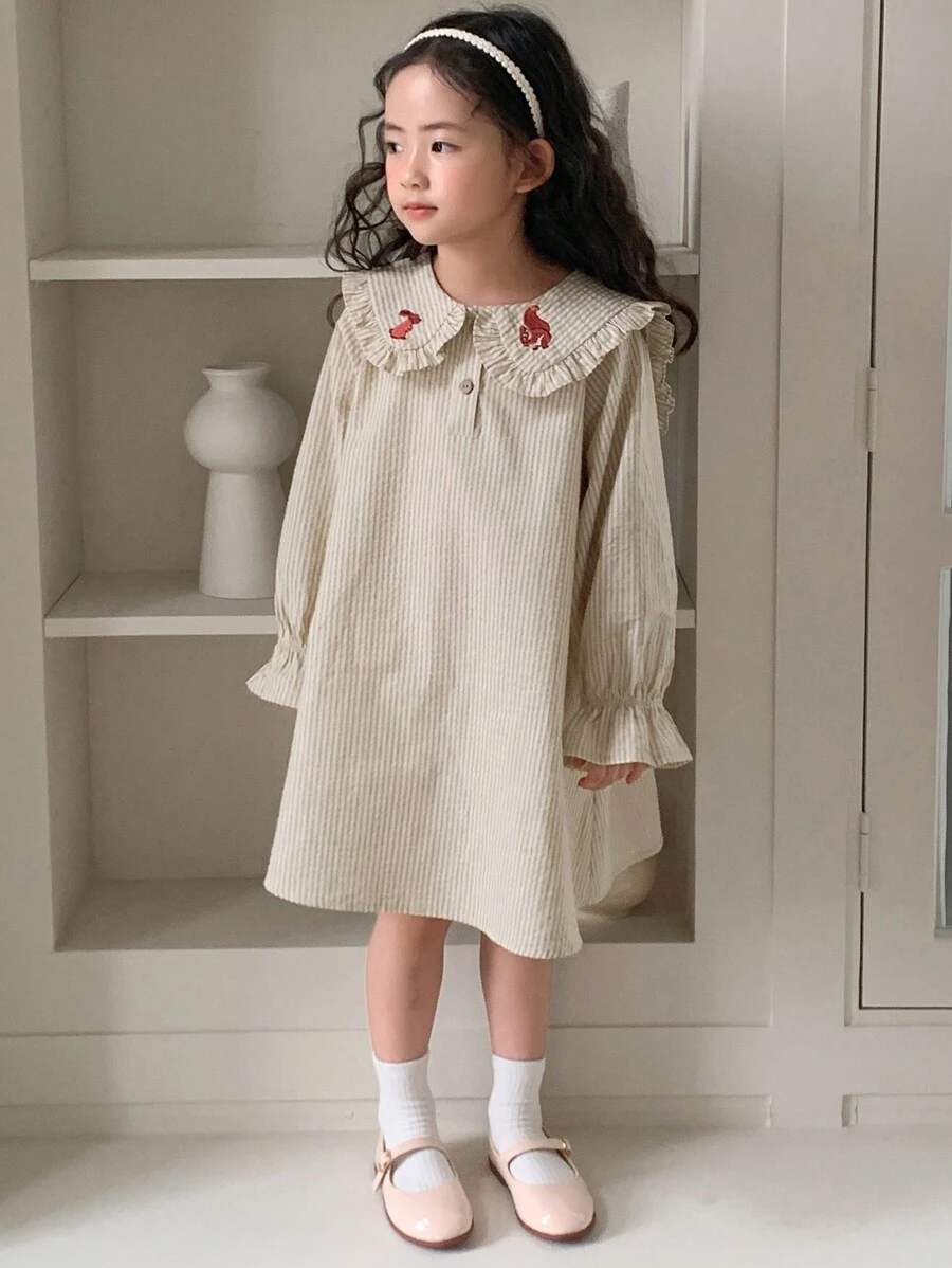DAZY Young Girl Doll Face Animal Embroidery Striped Long Sleeve Woven Dress, Spring/Summer - Beige - View 1
