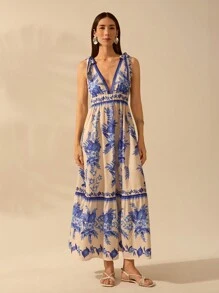 CAJUNI 女式深 V 领无袖系带休闲度假海滩长裙，波西米亚风热带花卉蓝色印花连衣裙，夏季 - 藍白色 - 查看 3