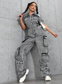 SHEIN EZwear 女士短袖单排扣休闲工装牛仔连体裤 - 灰色 - 查看 1