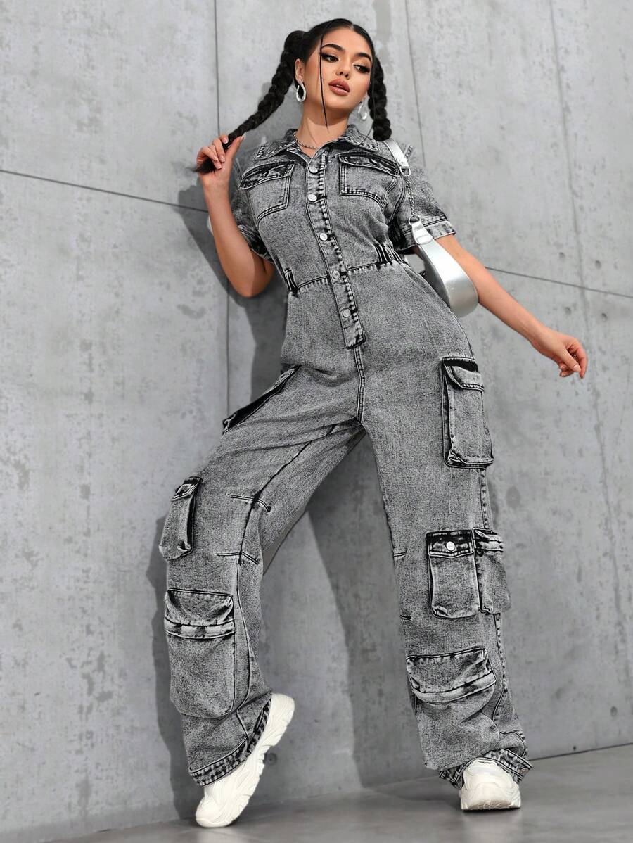 SHEIN EZwear 女士短袖单排扣休闲工装牛仔连体裤 - 灰色 - 查看 1