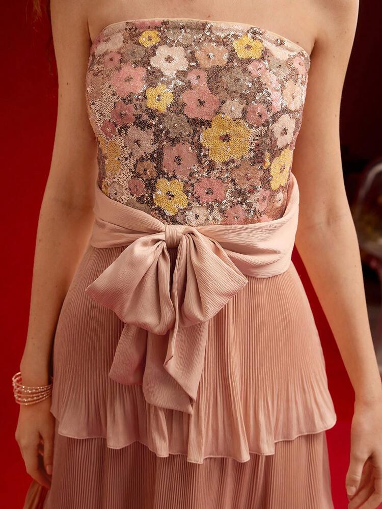 CONTRAST SEQUIN FLORAL DRAPED TUBE DRESS,VALENTINE'S DAY OUTFIT,SPRING/SUMMER