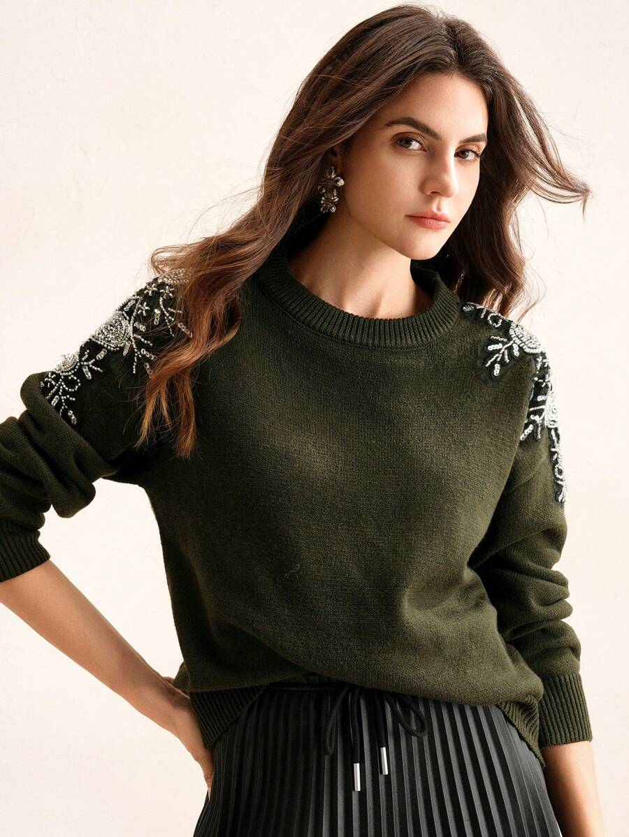 Anewsta Elegant Embellished Rhinestone Decorated Crew Neck Pullover Sweater For Women Knit Pullover Fall Winter - Green - View 1