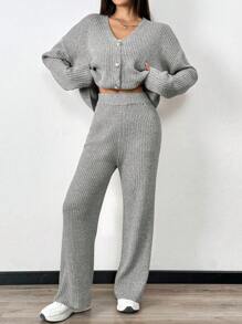 Chiquease Ribbed V-Neck Casual Solid Color Knitted Business Commute Fitted Two Pieces Set - Dark Grey - View 5