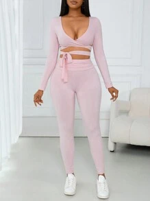 VaVaBold 2pcs Suit Set: Comfortable Casual V-Neck Cross Straps Bowknot Long Sleeve Top & Ruched Waist Leggings, Pink