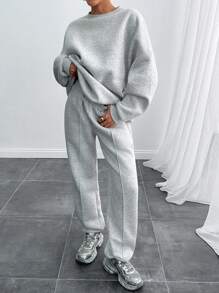 EURMUSE Bộ đồ oversize màu xám nhạt pha trộn dành cho nữ, thường ngày, mặc hàng ngày - Xám - Xem 4