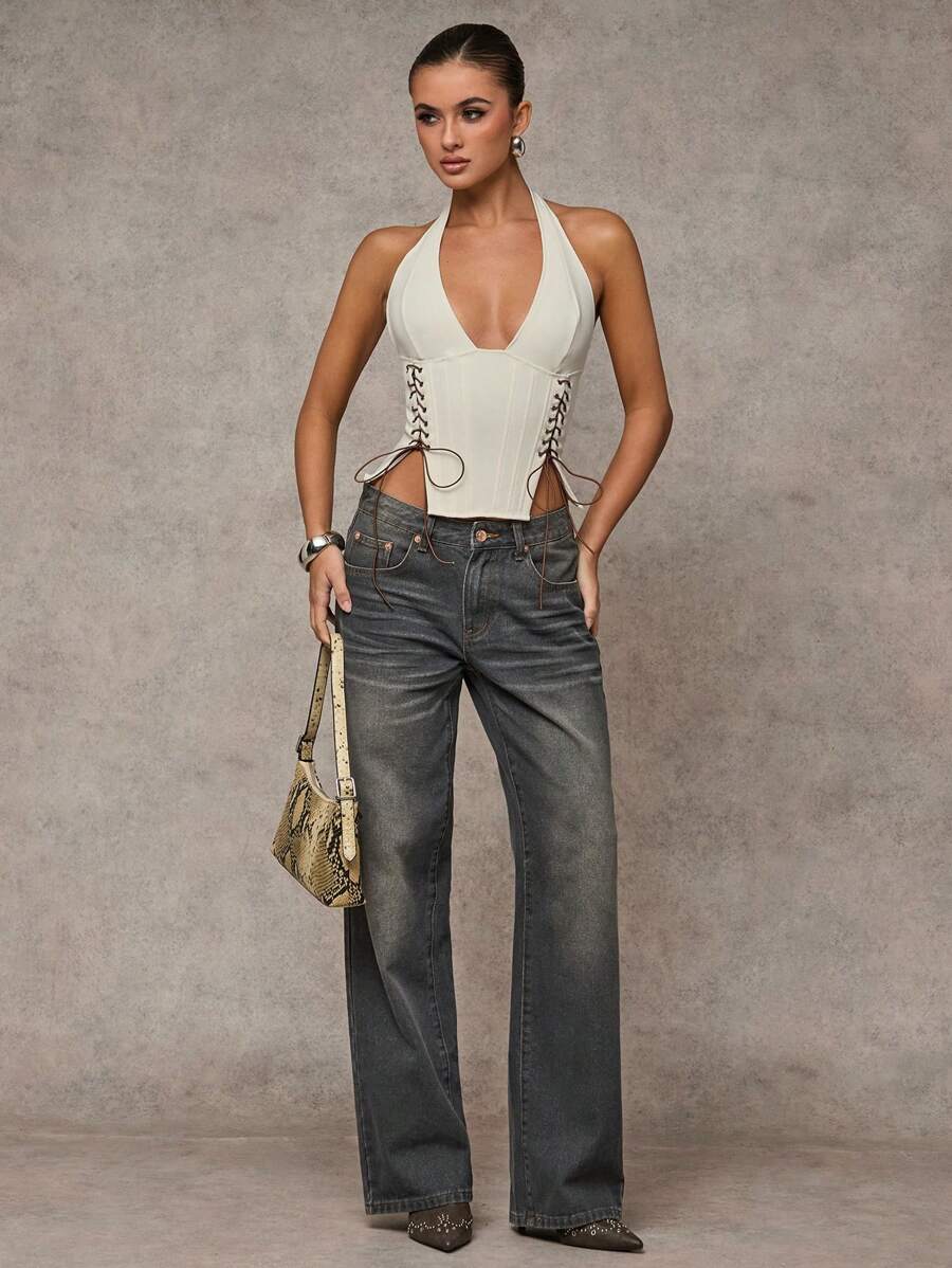 SHEIN BAE Women's Solid Color Eyelets Lace-Up Neck Backless Camisole - White - View 1