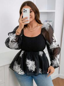 SHEIN LUNE 大码女式休闲花卉刺绣衬衫，秋季长袖上衣女式黑色长袖夏季