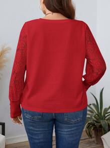 SHEIN LUNE 大码女式圆领撞色蕾丝长袖优雅上衣商务休闲女士派对服装节日装 - 紅色 - 查看 2