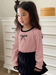 Dazy Kids Young Girl Fall Clothes Young Girl Bow Pattern Print T-Shirt - Pink - View 2