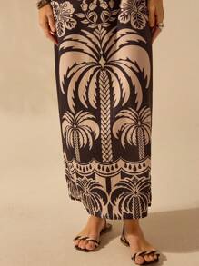 CAJUNI Vestido casual de verão com decote com laço, fenda e estampa boêmia tropical de pássaros, palmeiras e flores, para férias