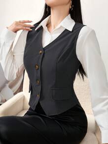 Modelyn Veste sans manche casual à boutonnage simple de couleur unie pour femme, Automne - Gris foncé - Voir 6