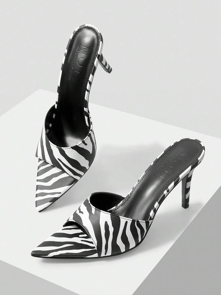 MOTF PREMIUM Sandalias de tacón alto con punta abierta y estampado de rayas de cebra para mujeres, para el Día de San Valentín - Blanco y Negro - Añade 2