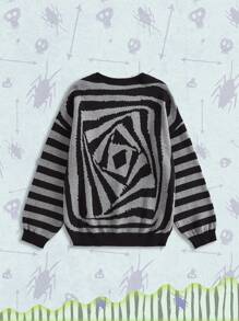 Beetlejuice | ROMWE Suéter de talla grande con estampado de rayas, contraste de color y logo de monstruo en espiral de estilo gótico - Negro - Ver 2