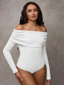 SHEIN BAE 仿羊绒优雅露肩长袖修身保暖紧身衣，适合日常穿着的休闲装、秋季女装、冬季女上衣 - 白色 - 查看 4