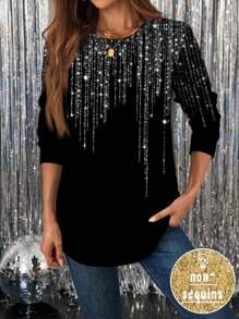SHEIN LUNE Áo nỉ dài tay cổ tròn dáng rộng, lấp lánh và sequin tối giản, thoải mái dành cho nữ, thích hợp cho mùa thu đông, đêm giao thừa - Nhiều màu - Xem 1